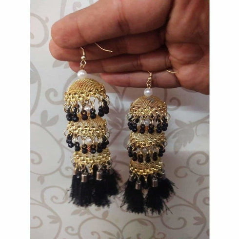 Latkan Gold Color Jhumkas With Black Color Beads And Silk Threads